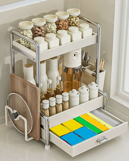 Elegant Milk White Stainless Steel Spice Organizer with Drawers, Chopping Board, and Utensil Holder for Home and Commercial Kitchens