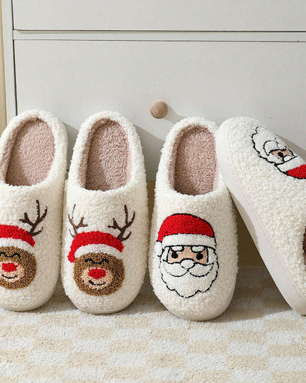 Christmas Home Slippers Cute Cartoon Santa Claus Cotton Slippers For Women And Men Couples Winter Warm Furry Shoes