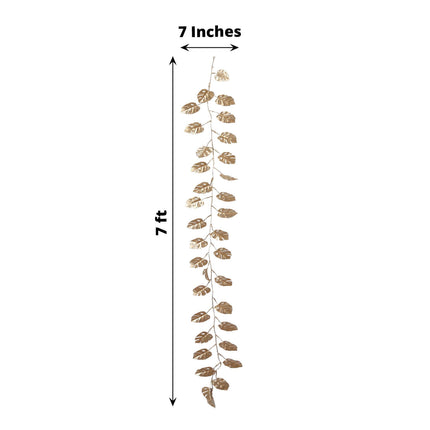 AliKopy 7ft Metallic Gold Monstera Leaf Vine - Faux Tropical Garland
