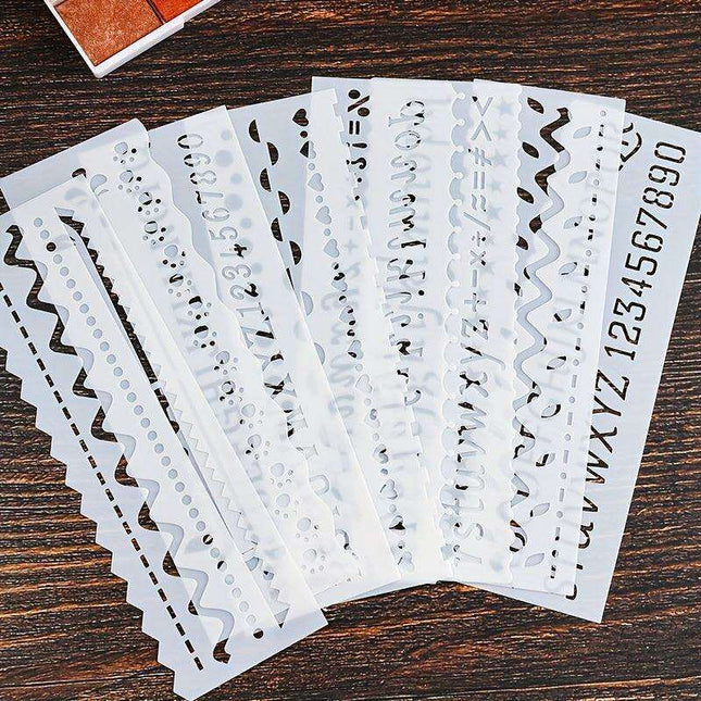 8-Piece Versatile Wave Letter Stencil Set for Creative DIY Crafts with Lace Design and Color Guide