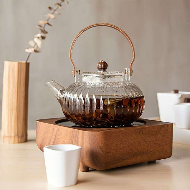 800ML Borosilicate Glass Teapot with Wooden Handle and Built-in Strainer for Effortless Stovetop Brewing