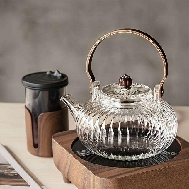 800ML Borosilicate Glass Teapot with Wooden Handle and Built-in Strainer for Effortless Stovetop Brewing