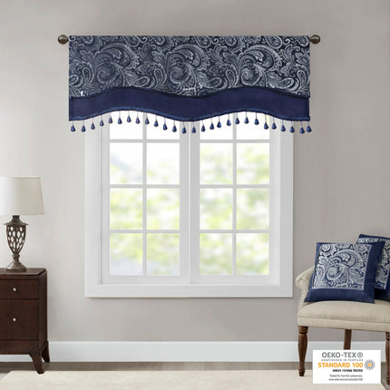 Room & Decor Navy Jacquard Window Valance with Beads, 50x18