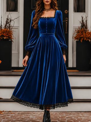 Peekaboo Studio Square-neck Velvet Dress with Lace Panels and Sleeves