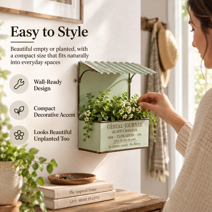House-Shaped Metal Planter Box — French-Design Text Roof, Vintage Distressed Finish