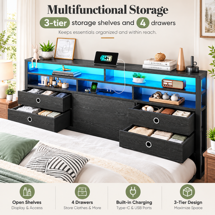King Bed Frame with 3-Tier Storage Headboard, RGB LED, 4 Drawers & Charging Station — Black / Brown Platform Beds & Bed Frames king-bed-frame-with-storage-headboard-led-lights-charging-station-4-drawers-heavy-duty-no-box-spring-needed Furniture > Bedroom Furniture > Beds & Bed Frames > Platform Beds