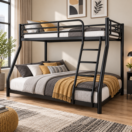 Heavy Duty Metal Bunk Bed Twin Over Full — Guardrail, Non-Slip Ladder, Black Bunk Beds & Bed Frames metal-bunk-bed-twin-over-full-with-guardrail-ladder-heavy-duty-for-apartment-bedroom-black Furniture > Bedroom Furniture > Beds & Bed Frames > Bunk Beds