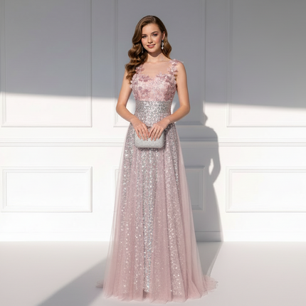 Peekaboo Studio Sequined Flower Wedding Dress with Elegant Design & Sl