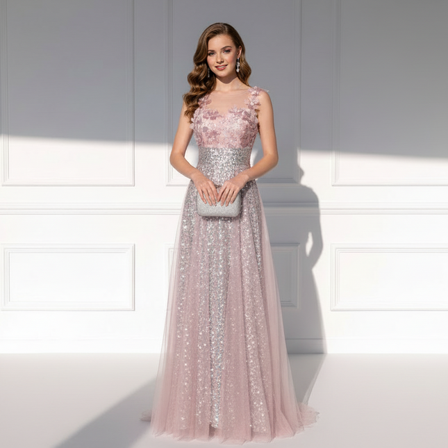 Peekaboo Studio Sequined Flower Wedding Dress with Elegant Design & Sl