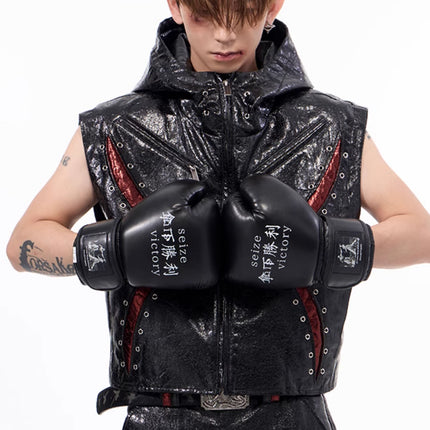 Peekaboo Studio Dark Sleeveless Hooded Vest Coat with Pockets & Zip Cl