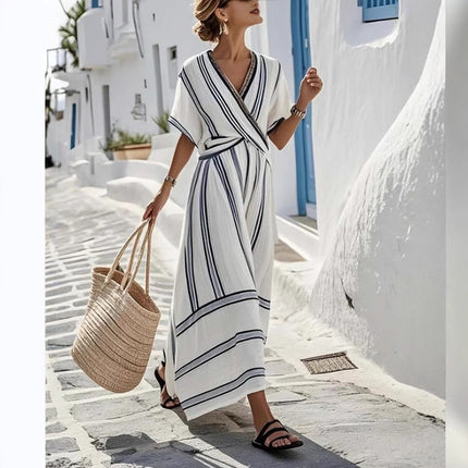 Peekaboo Studio Women's Boho Striped V Neck Pleated A-Line Dress