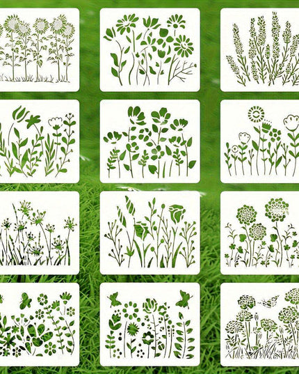 12-Piece Reusable Floral Stencil Set with Cherry Blossom and Vine Patterns