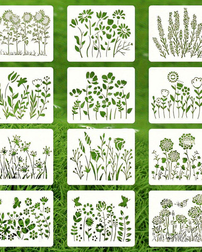 12-Piece Reusable Floral Stencil Set with Cherry Blossom and Vine Patterns