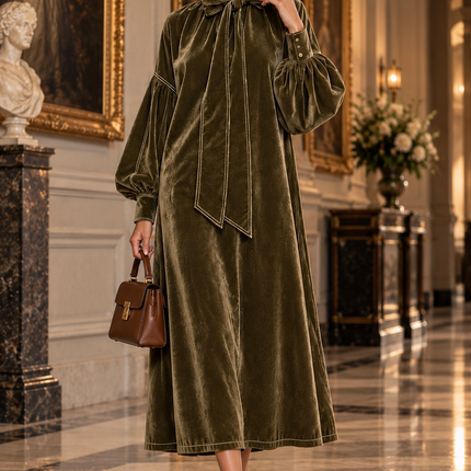 Peekaboo Studio High-Neck Velvet Dress with Bow & Elegant Design