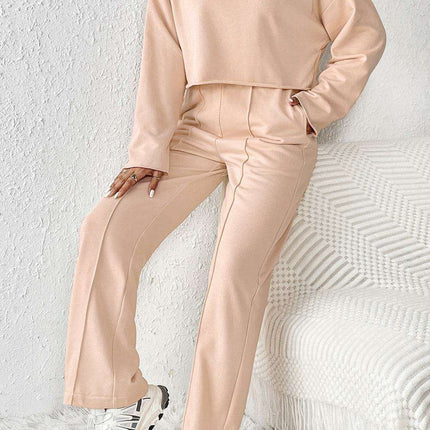 Trendy Khaki Distressed Crop Top and Wide Leg Trousers Set for Effortless Style