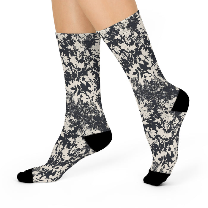 Elegant Floral Patterned Monochrome Crew Socks - One-Size Gender-Neutral Pair