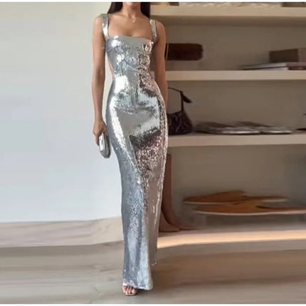 Peekaboo Studio Silver Sequin Halter Sheath Dress - Elegant Evening We