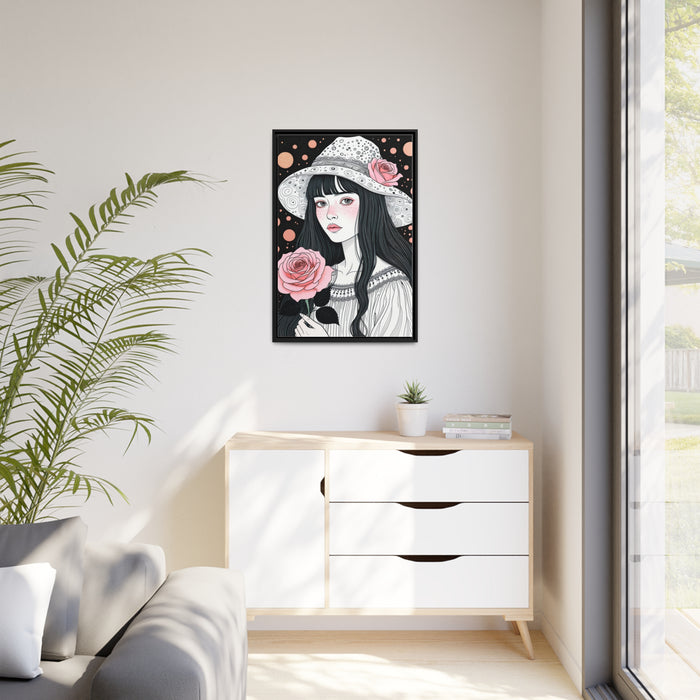 Elegant Rose and Girl Print on Sustainable Canvas with Black Pinewood Frame