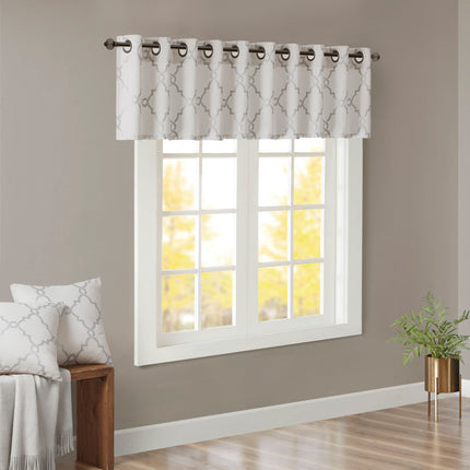 Room and Decor Fretwork Print Grommet Top Valance, Ivory Grey, 50x18