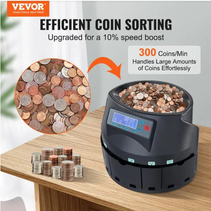 VEVOR Coin Sorter & Counter - 300 Coins/Min, LCD Display, Wrapper