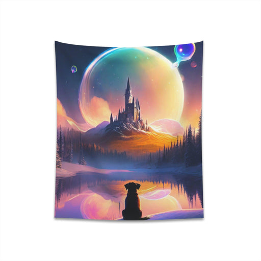 Lonely Dog Admiring Majestic Castle Sublimation Wall Tapestry
