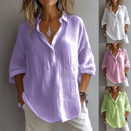 Women's Casual Long-Sleeved Lapel Pullover Shirt — Loose Fit, 3/4 Sleeve