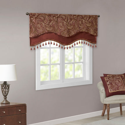 Room & Decor Jacquard Rod Pocket Valance, Beaded, Burgundy 50x18