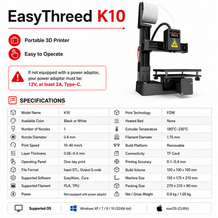 EasyThreed Entry Level 3D Printer - PLA/TPU Compatible, Power Adapter