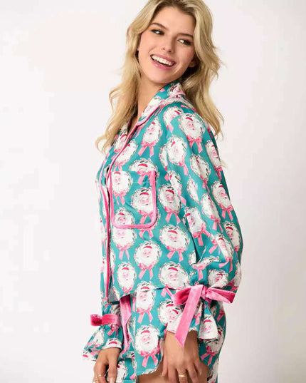 2 Pcs Women's Christmas Pajama Set Santa Tree Print Lapel Neck Button-up Long Sleeve Tops Shorts Loungewear Outfit