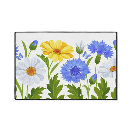 Chic Chamomile Floral Floor Mat with Elegant Black Accents