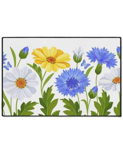 Chic Chamomile Floral Floor Mat with Elegant Black Accents