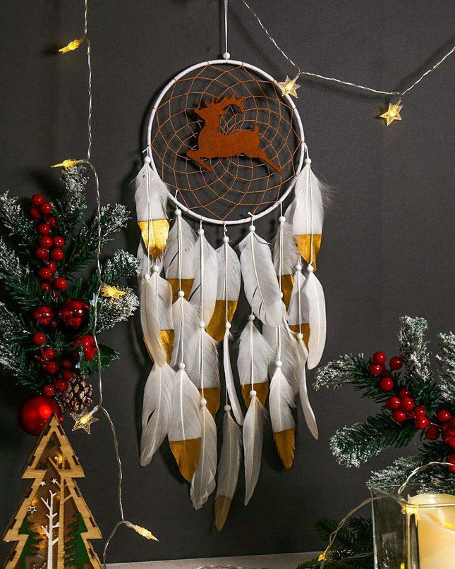 Elegant Elk Feather Wall Hanging Dream Catcher with Double White Feathers - Enchanting Home Decor