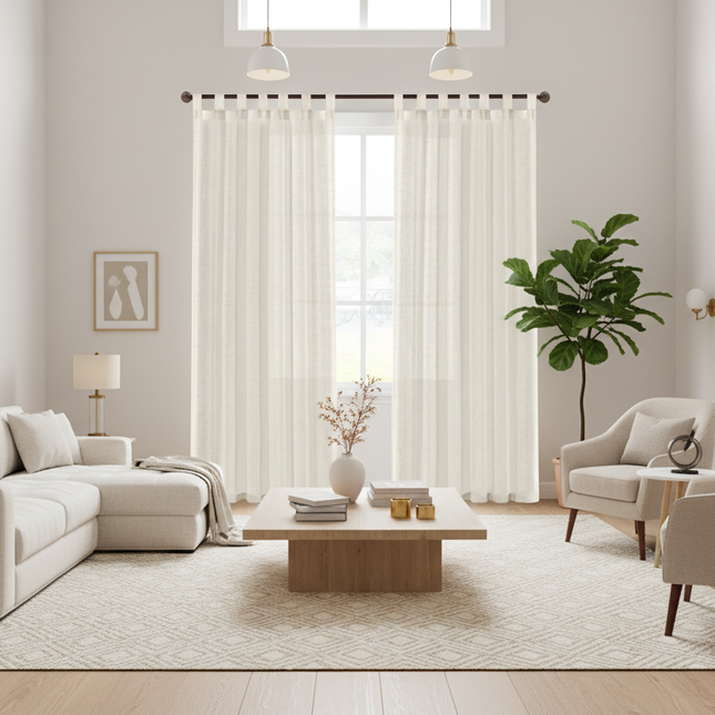 Modern living room with white furniture, neutral decor, and large windows.