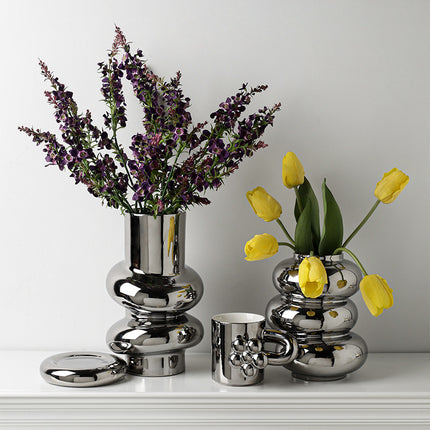 Donut Shaped Ceramic Vase Silver Plated Mirror Finish Elegant Home Decor