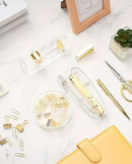 Elegant Golden Acrylic Office Accessory Set with Stapler, Tape Dispenser, Scissors, and 1000 Staples