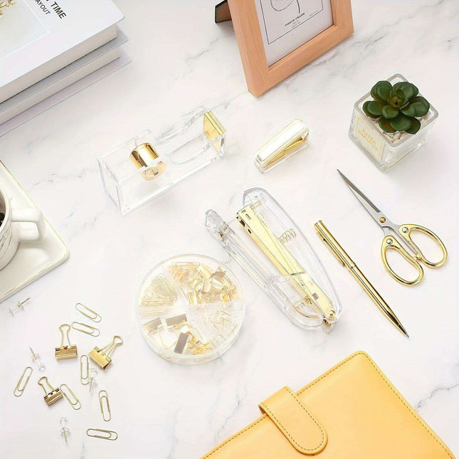 Elegant Golden Acrylic Office Accessory Set with Stapler, Tape Dispenser, Scissors, and 1000 Staples