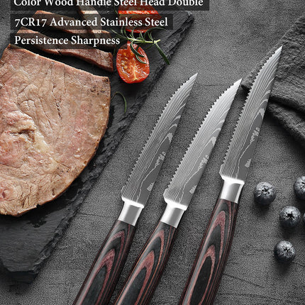 Damascus Pattern Western-Style 6-Piece Steak Knife Set — Serrated Stainless Steel Blades