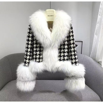 Women's Belted Houndstooth Jacket with Faux Fur Trim