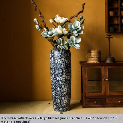 Blue And White Floor Vase Ceramic Tea Rooms Arrangement With Artificial Flowers