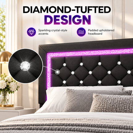 Shop1105673279 Queen Bed Frame, Upholstered, LED Lights, No Box Spring Platform Beds & Bed Frames queen-bed-frame-with-led-lights-upholstered-platform-bed-diamond-tufted-headboard-no-box-spring-needed-black