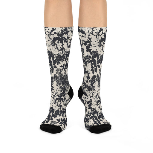 Elegant Floral Print Monochrome Crew Socks - One-Size Unisex Pair
