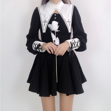Peekaboo Studio Maria Dark Goth Nun Dress with Lace Trim and Modest Fi