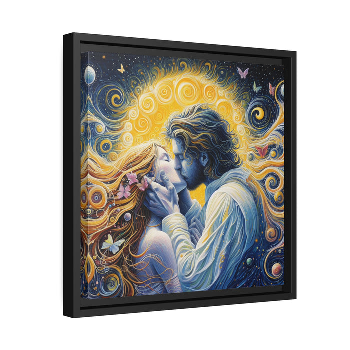 Elegant Valentine Kiss Canvas Art with Black Pinewood Frame