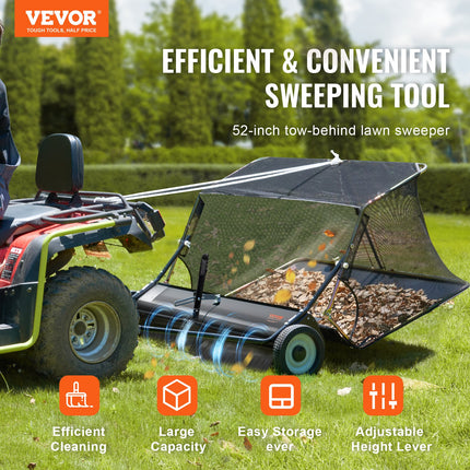 VEVOR 52-Inch Tow-Behind Lawn Sweeper - 26 Cu.ft Capacity, Adjustable