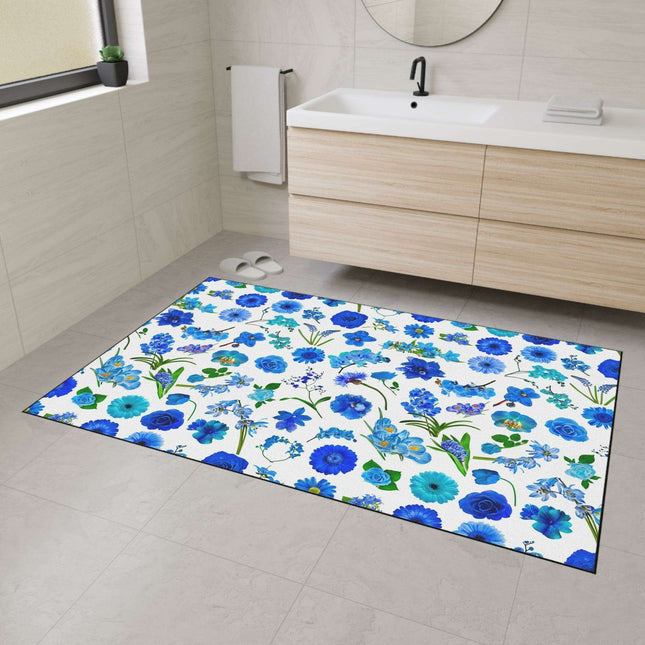 Elegant Customizable Blue Blossom Floor Mat with Chic Black Trim