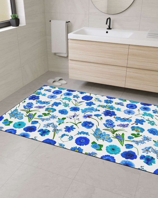 Elegant Customizable Blue Blossom Floor Mat with Chic Black Trim