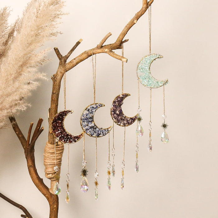 Enchanting Crystal Gravel Sun and Moon Dream Catcher Pendant for Tranquil Spaces
