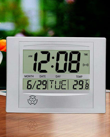 Elegant Atomic Digital Wall Clock with Calendar, Temperature Readout, and Alarm Feature