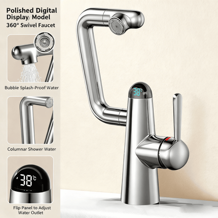 Anti Splash Brass Faucet Rotating Design and Digital Display in White Gunmetal
