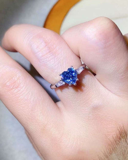 Heart-Cutting Blue Lab-Diamond Ring with Sparkling Zircon Accents in Premium Sterling Silver